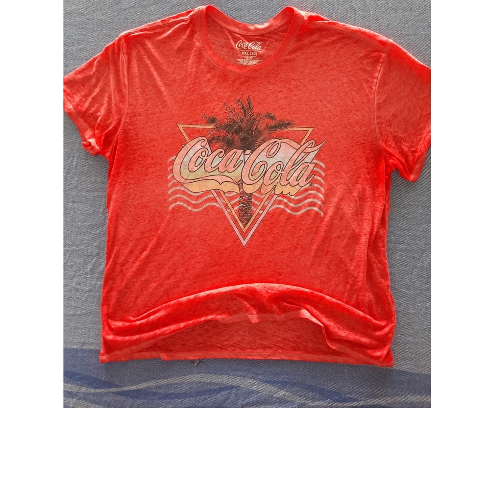 Coca-Cola Womens Red Graphic T-Shirt XXL Retro Palm Tree Burnout Tee 9447